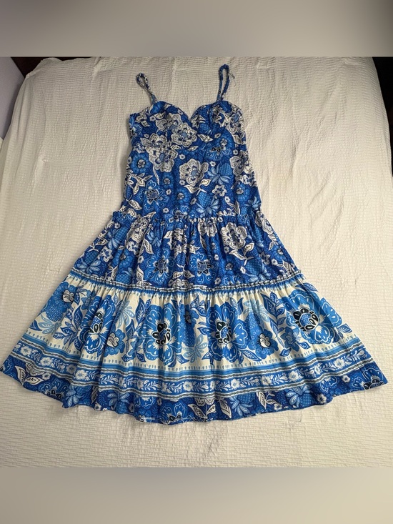 FARM Rio Dresses & Skirts - FARM Rio Blue & White Floral Tiered Sundress with Spaghetti Straps